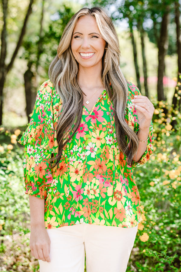 Chic Soul plus size clothing, quarter-sleeve green multi-colored ruffled top with a split-v-neckline with a multi-colored green floral pattern