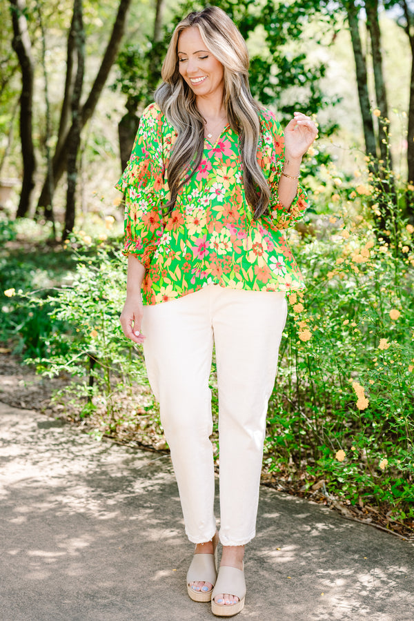 Chic Soul plus size clothing, quarter-sleeve green multi-colored ruffled top with a split-v-neckline with a multi-colored green floral pattern