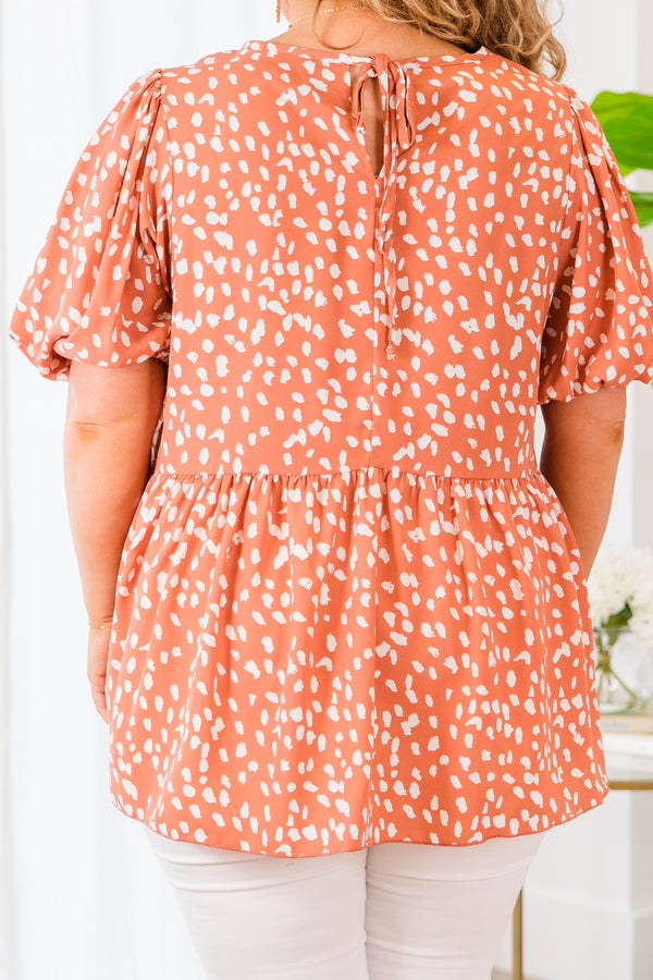 Chic Soul plus size clothing, short sleeve mauve baby doll top with high-neckline and white spotted pattern