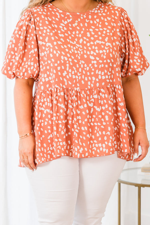 Chic Soul plus size clothing, short sleeve mauve baby doll top with high-neckline and white spotted pattern