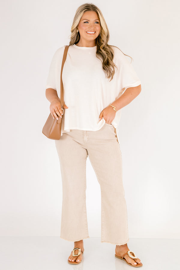 Chic Soul plus size clothing, light khaki bootcut jeans with slightly frayed hem