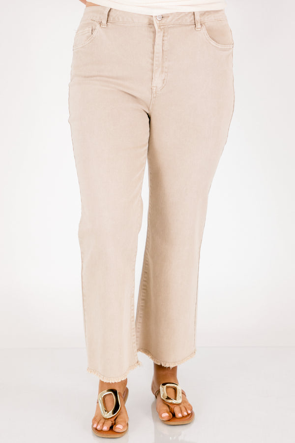 Chic Soul plus size clothing, light khaki bootcut jeans with slightly frayed hem