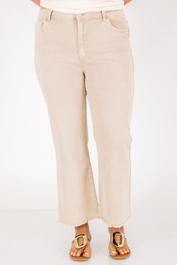 Chic Soul plus size clothing, light khaki bootcut jeans with slightly frayed hem