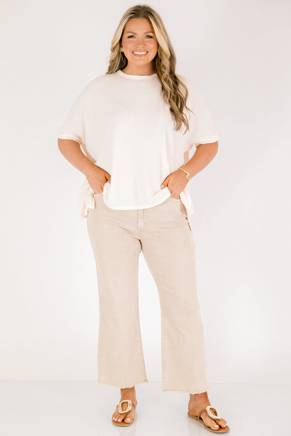 Chic Soul plus size clothing, light khaki bootcut jeans with slightly frayed hem