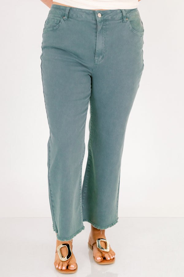 Chic Soul plus size clothing, teal bootcut jeans with front pockets and fringe details at the end of each pant leg
