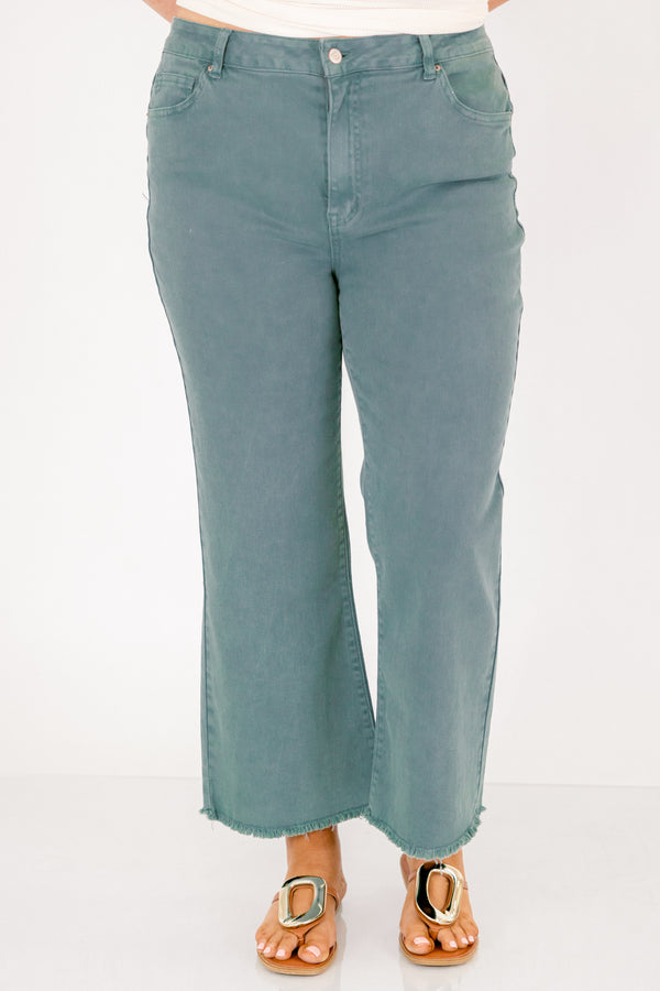 Chic Soul plus size clothing, teal bootcut jeans with front pockets and fringe details at the end of each pant leg
