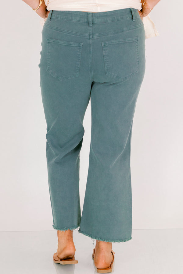 Chic Soul plus size clothing, teal bootcut jeans with front pockets and fringe details at the end of each pant leg
