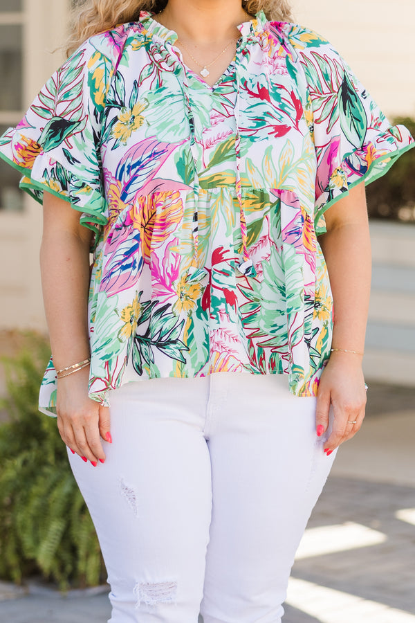 Chic Soul plus size clothing, light green flutter sleeve top with floral pattern