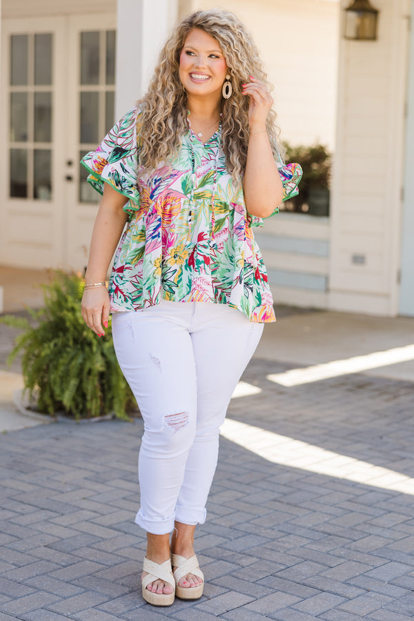 Chic Soul plus size clothing, light green flutter sleeve top with floral pattern