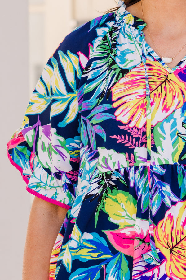 Chic Soul plus size clothing, navy short sleeve multi tropical print top with ruffle detail on sleeves and tie detail along neckline
