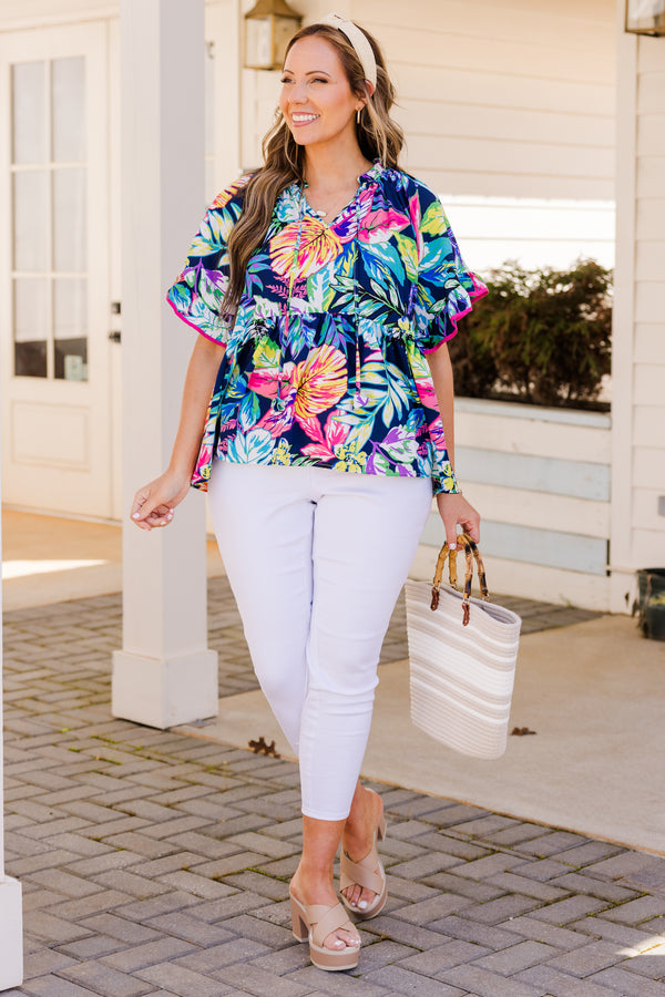 Chic Soul plus size clothing, navy short sleeve multi tropical print top with ruffle detail on sleeves and tie detail along neckline