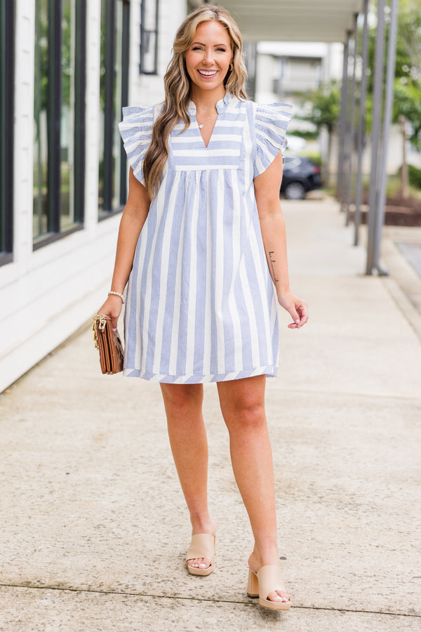Chic Soul plus size clothing, short-flutter-sleeve blue and white striped baby doll dress with v-neckline and smocked sleeves and collar 