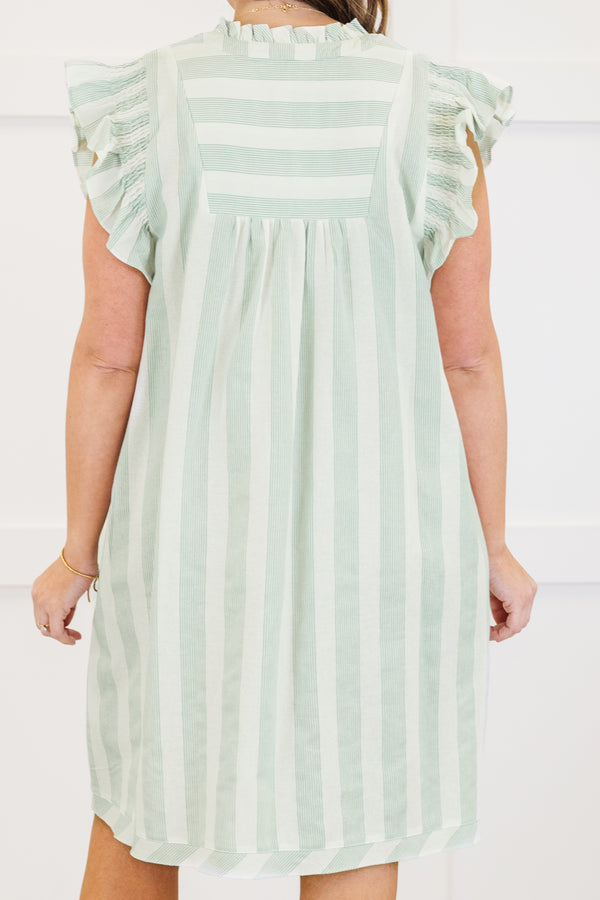 Plus Size green and white striped A-line dress with ruffle sleeves and a v-neckline.