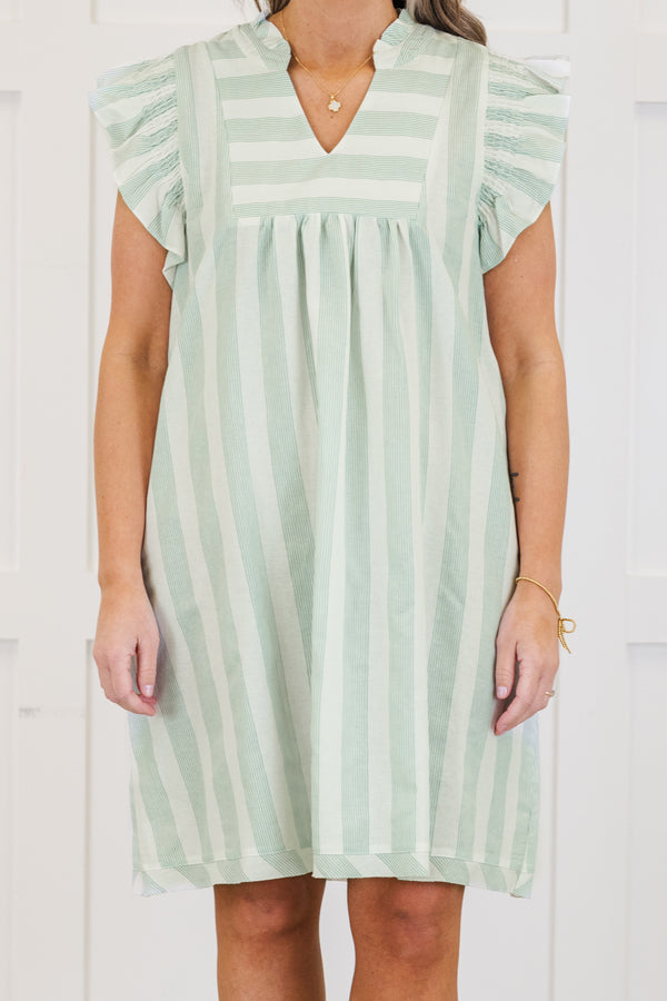 Plus Size green and white striped A-line dress with ruffle sleeves and a v-neckline.