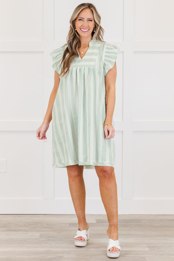 Plus Size green and white striped A-line dress with ruffle sleeves and a v-neckline.