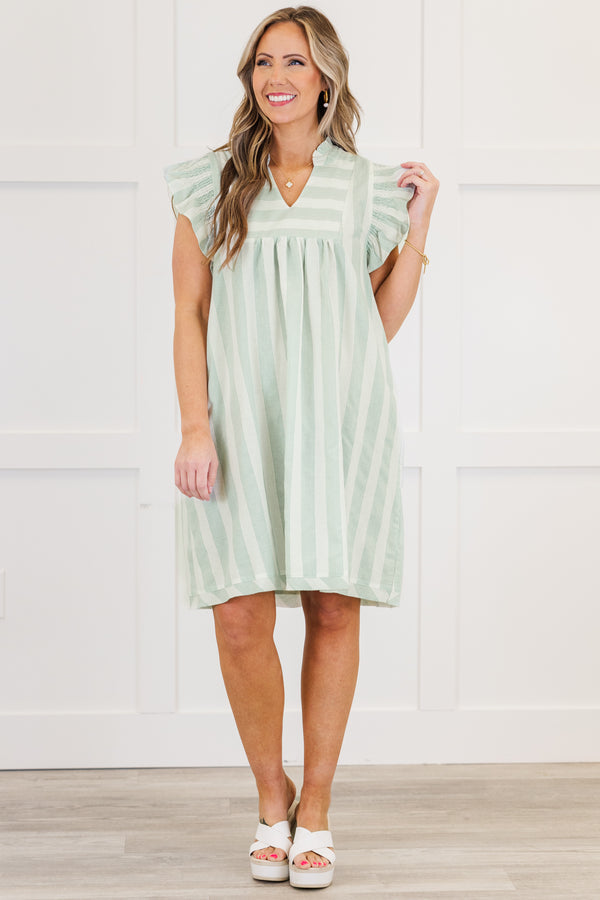 Plus Size green and white striped A-line dress with ruffle sleeves and a v-neckline.