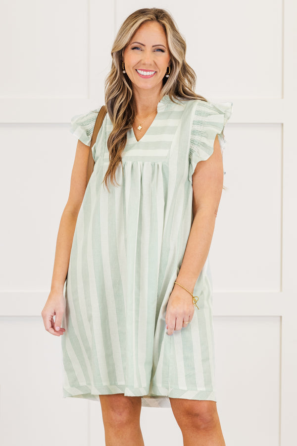 Plus Size green and white striped A-line dress with ruffle sleeves and a v-neckline.