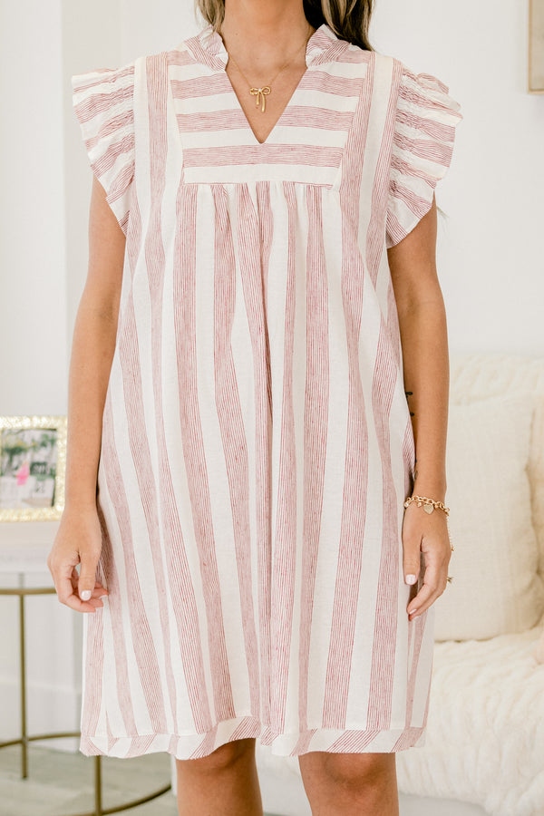 Chic Soul plus size clothing, red and white vertically striped flutter sleeve v-neck casual dress