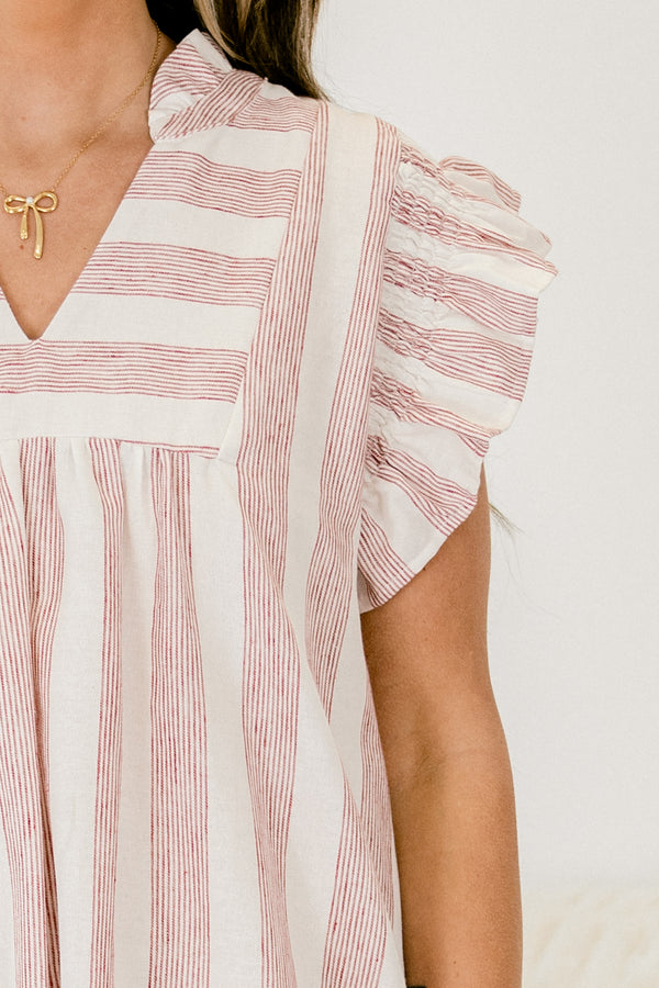 Chic Soul plus size clothing, red and white vertically striped flutter sleeve v-neck casual dress