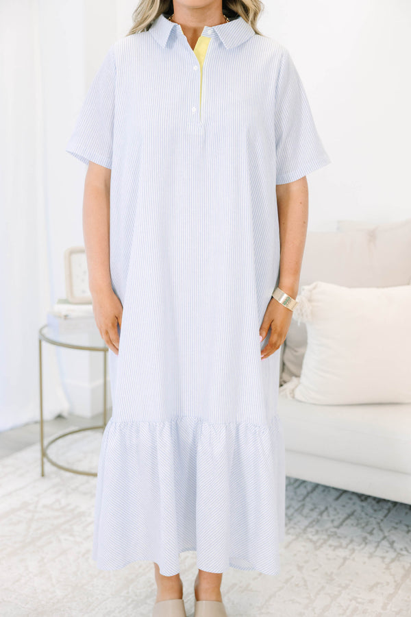 Plus Size blue and white striped midi dress with short sleeves, a collared neckline, and ruffle hem.