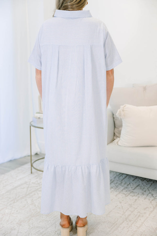 Plus Size blue and white striped midi dress with short sleeves, a collared neckline, and ruffle hem.