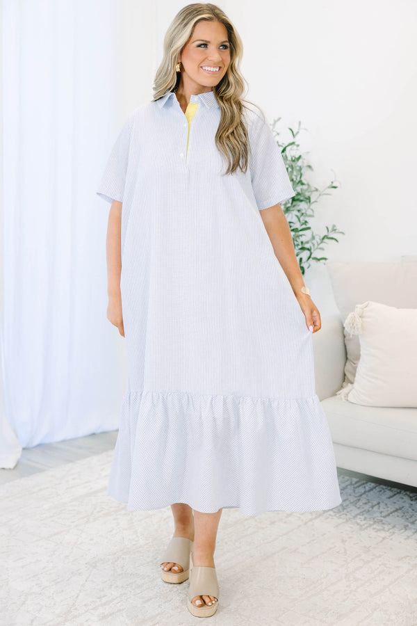 Plus Size blue and white striped midi dress with short sleeves, a collared neckline, and ruffle hem.
