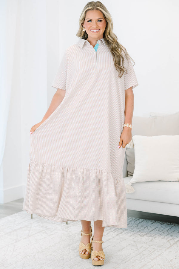 Plus Size brown striped midi dress with a collared neckline and tiered ruffle hem.