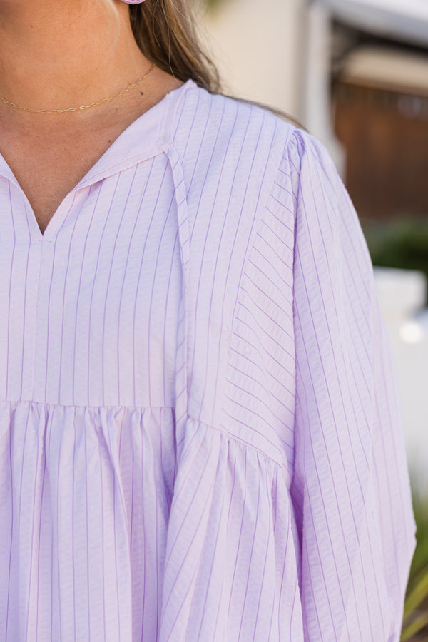 Chic Soul plus size clothing, purple striped dress with long bubble sleeves and a slight v-neckline 