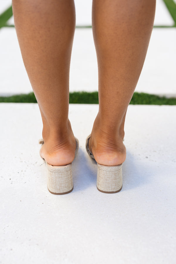 Chic Soul plus size clothing, natural linen block heel with a strap going across the top of the foot that has a gold buckle detail