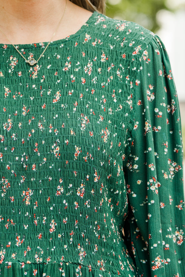 Chic Soul plus size clothing, long-sleeve olive green babydoll top with small floral pattern detailing and smocked bodice