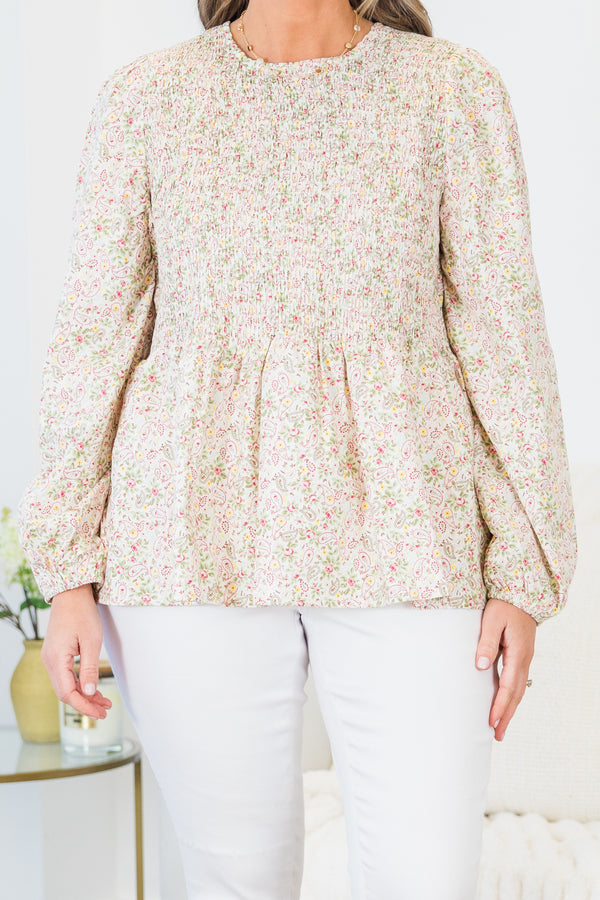 Chic Soul plus size clothing, long-sleeve high-scoop-neckline white baby doll top with a smocked bodice and a small floral print pattern