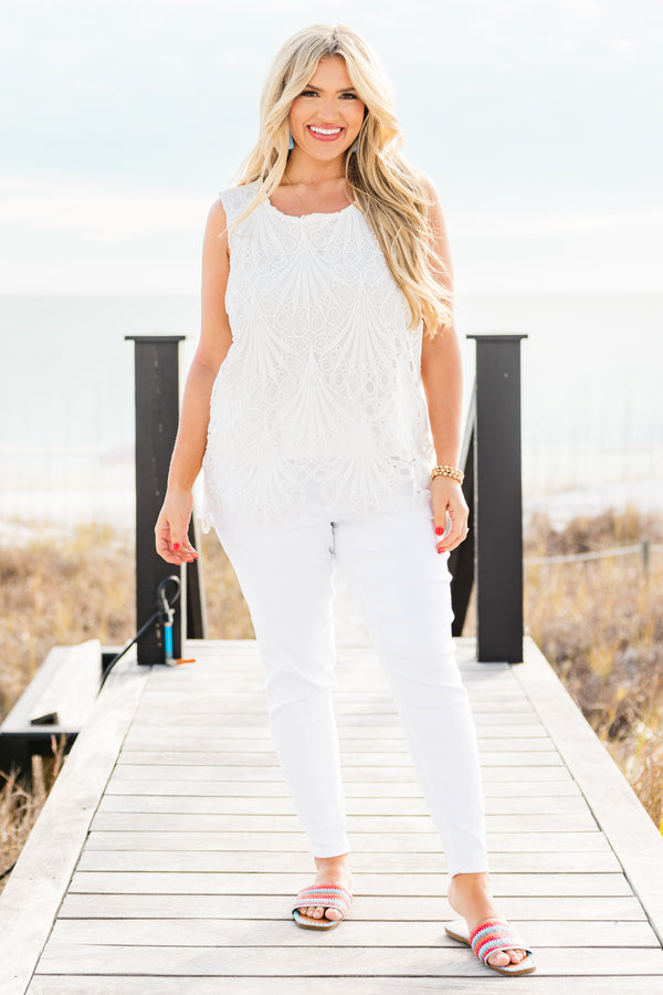 Chic Soul plus size clothing, white eyelet tank top with a scalloped hem and a keyhole back with a scoop-neckline