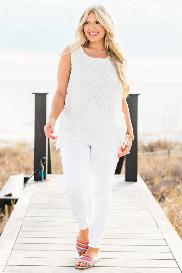 Chic Soul plus size clothing, white eyelet tank top with a scalloped hem and a keyhole back with a scoop-neckline