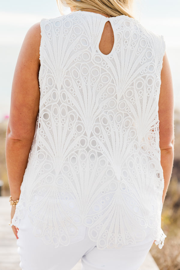 Chic Soul plus size clothing, white eyelet tank top with a scalloped hem and a keyhole back with a scoop-neckline