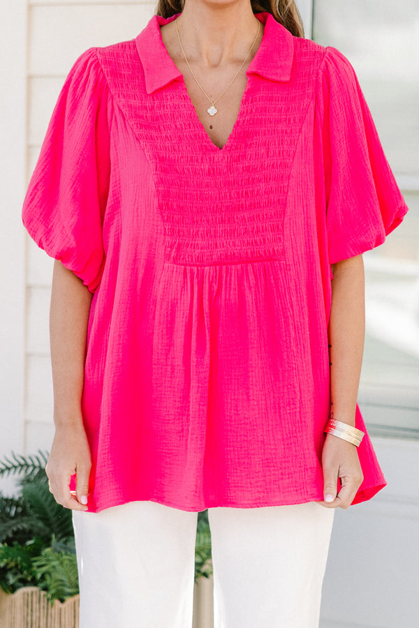 Chic Soul plus size clothing, bright pink flowy short sleeve top with stretchy v-neck texture and collar