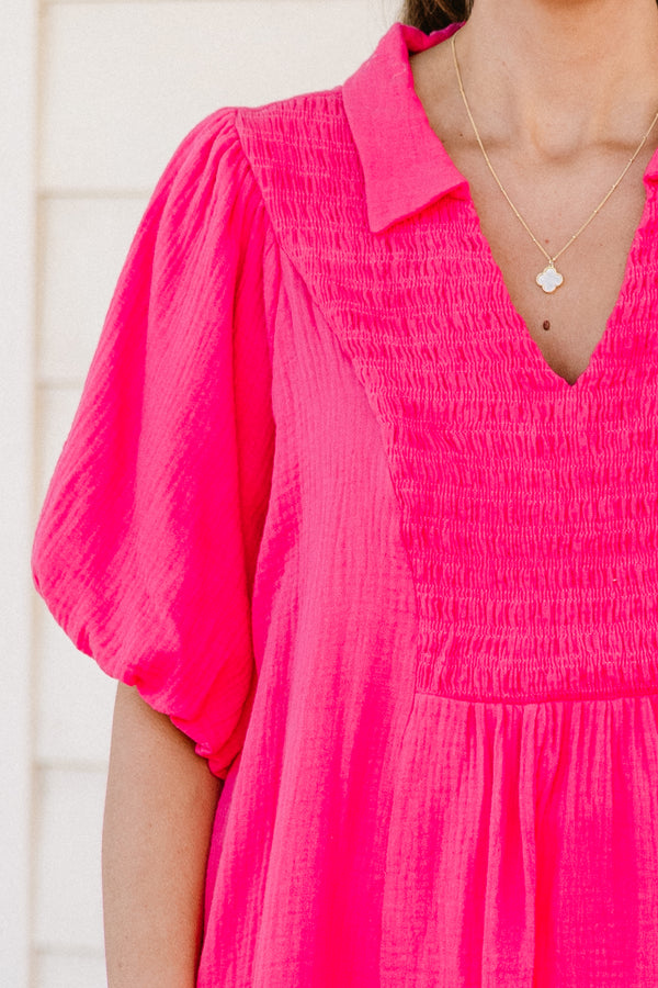 Chic Soul plus size clothing, bright pink flowy short sleeve top with stretchy v-neck texture and collar