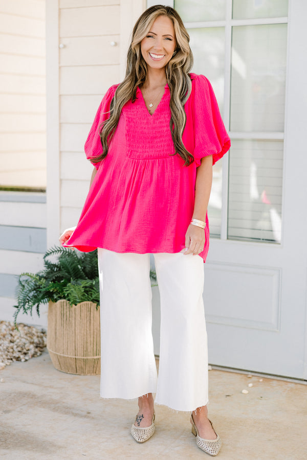 Chic Soul plus size clothing, bright pink flowy short sleeve top with stretchy v-neck texture and collar