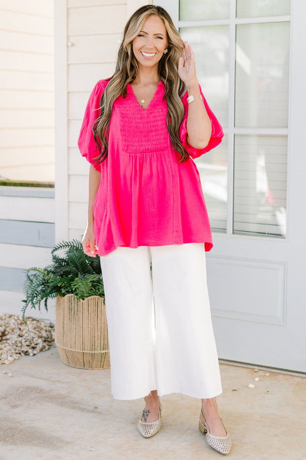 Chic Soul plus size clothing, bright pink flowy short sleeve top with stretchy v-neck texture and collar