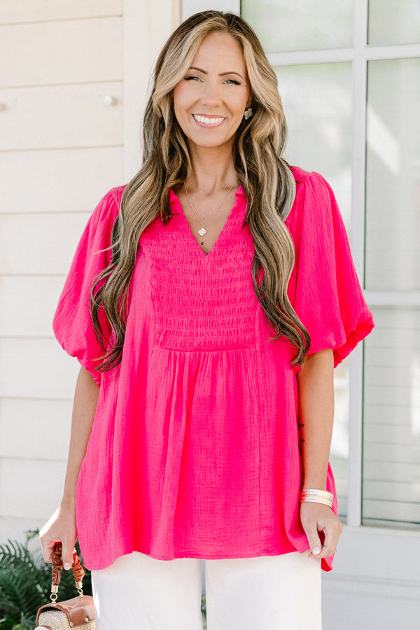 Chic Soul plus size clothing, bright pink flowy short sleeve top with stretchy v-neck texture and collar