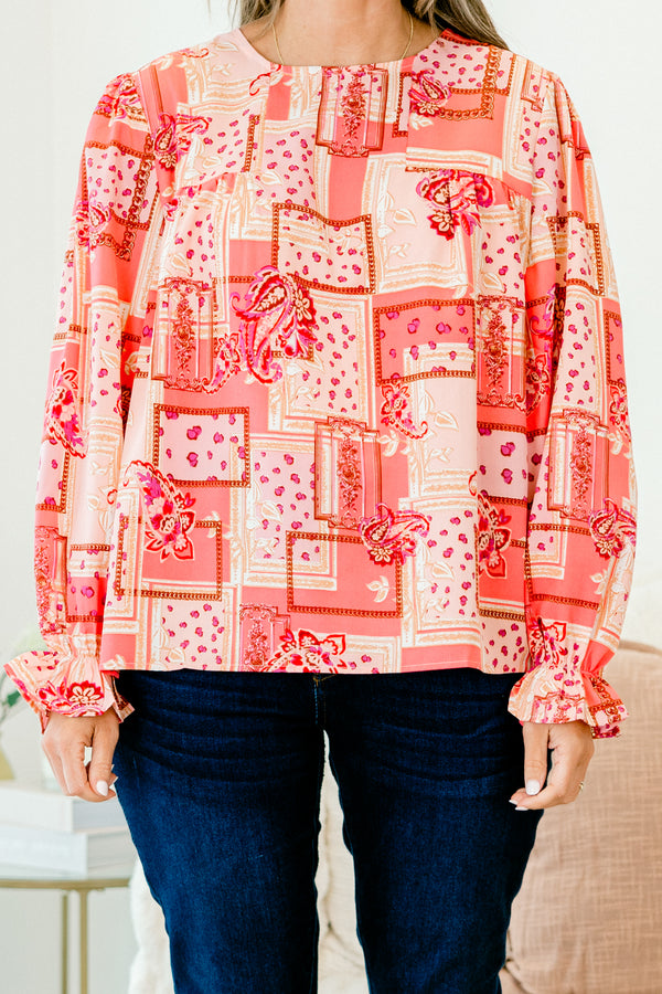 Chic Soul plus size clothing, pink/red bandana paisley print long sleeve top with round neckline with cuff sleeve with ruffle flare detail