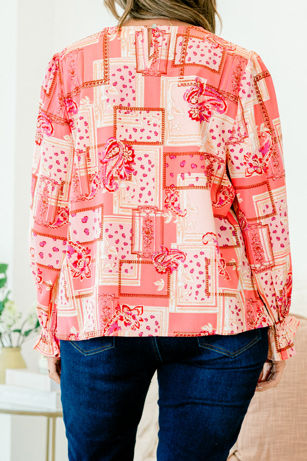 Chic Soul plus size clothing, pink/red bandana paisley print long sleeve top with round neckline with cuff sleeve with ruffle flare detail