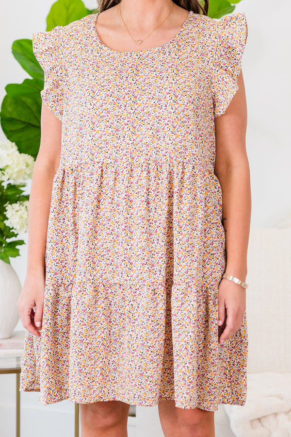 Chic Soul plus size clothing, blush babydoll dress with a floral print and short flutter sleeves