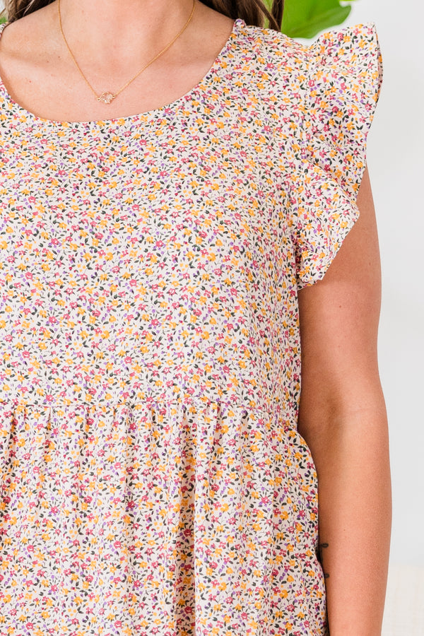 Chic Soul plus size clothing, blush babydoll dress with a floral print and short flutter sleeves