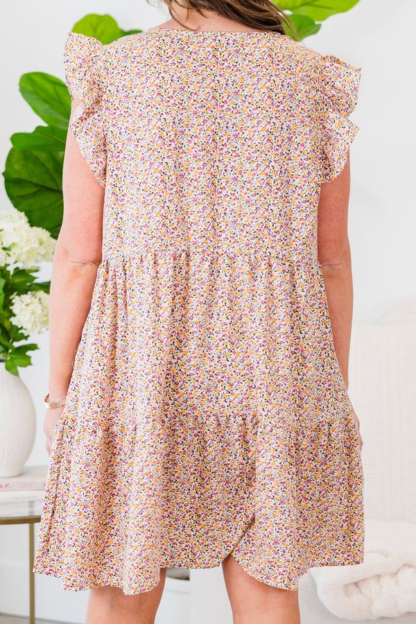 Chic Soul plus size clothing, blush babydoll dress with a floral print and short flutter sleeves