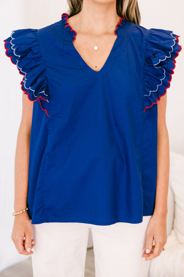 Plus Size navy cotton top with flutter sleeves, scallop trim, and a split v-neckline.