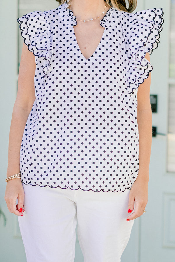 Chic Soul plus size clothing, white v-neck flutter sleeve top with black polka dots and scalloped edges