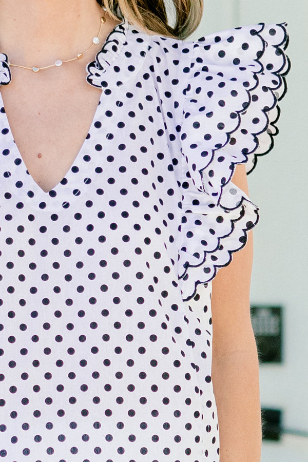 Chic Soul plus size clothing, white v-neck flutter sleeve top with black polka dots and scalloped edges
