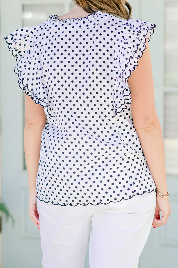 Chic Soul plus size clothing, white v-neck flutter sleeve top with black polka dots and scalloped edges