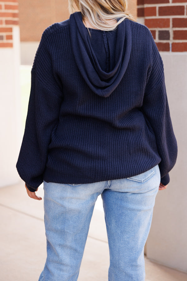 Chic Soul plus size clothing, dark navy knitted hoodie with bubble sleeves and button details