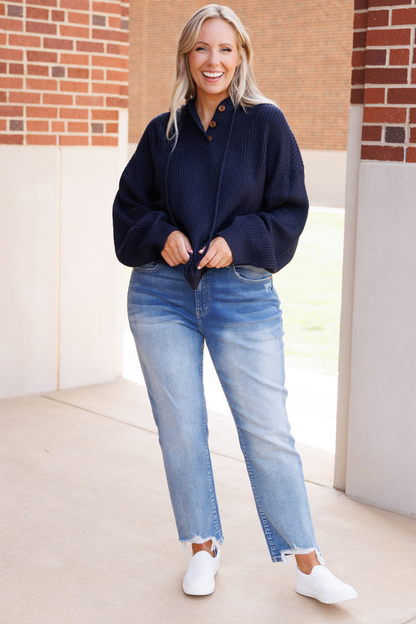 Chic Soul plus size clothing, dark navy knitted hoodie with bubble sleeves and button details